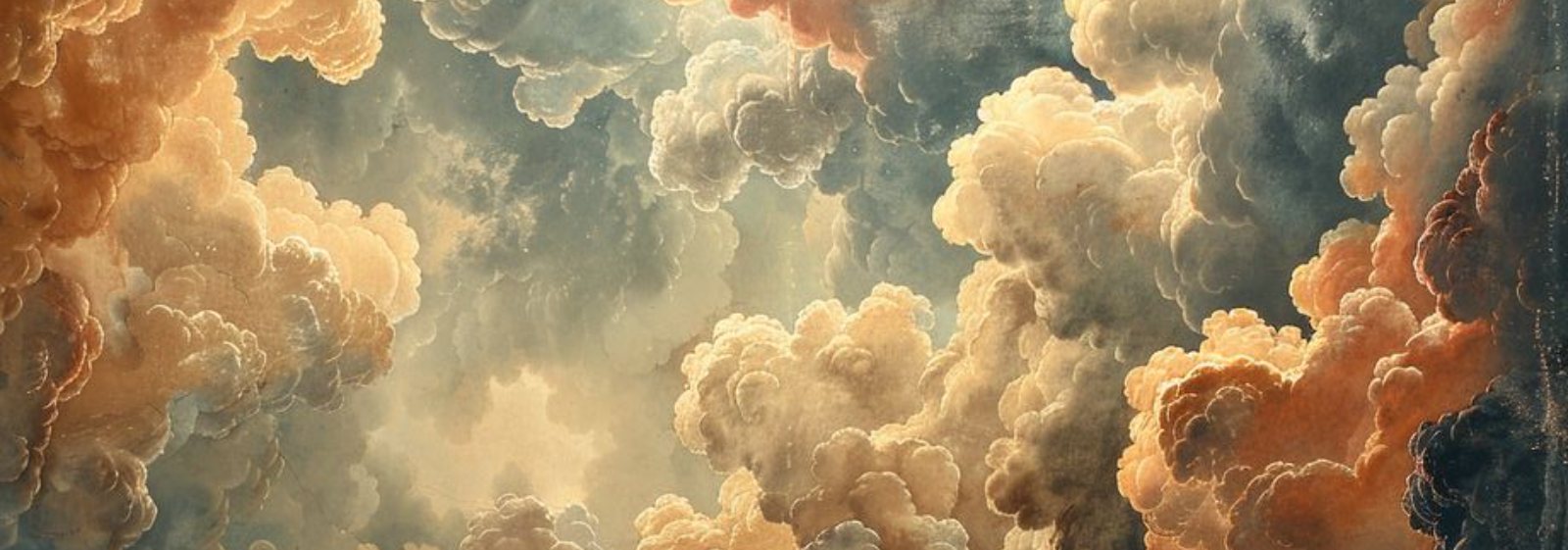 Painterly clouds in warm amber and slate tones over open land