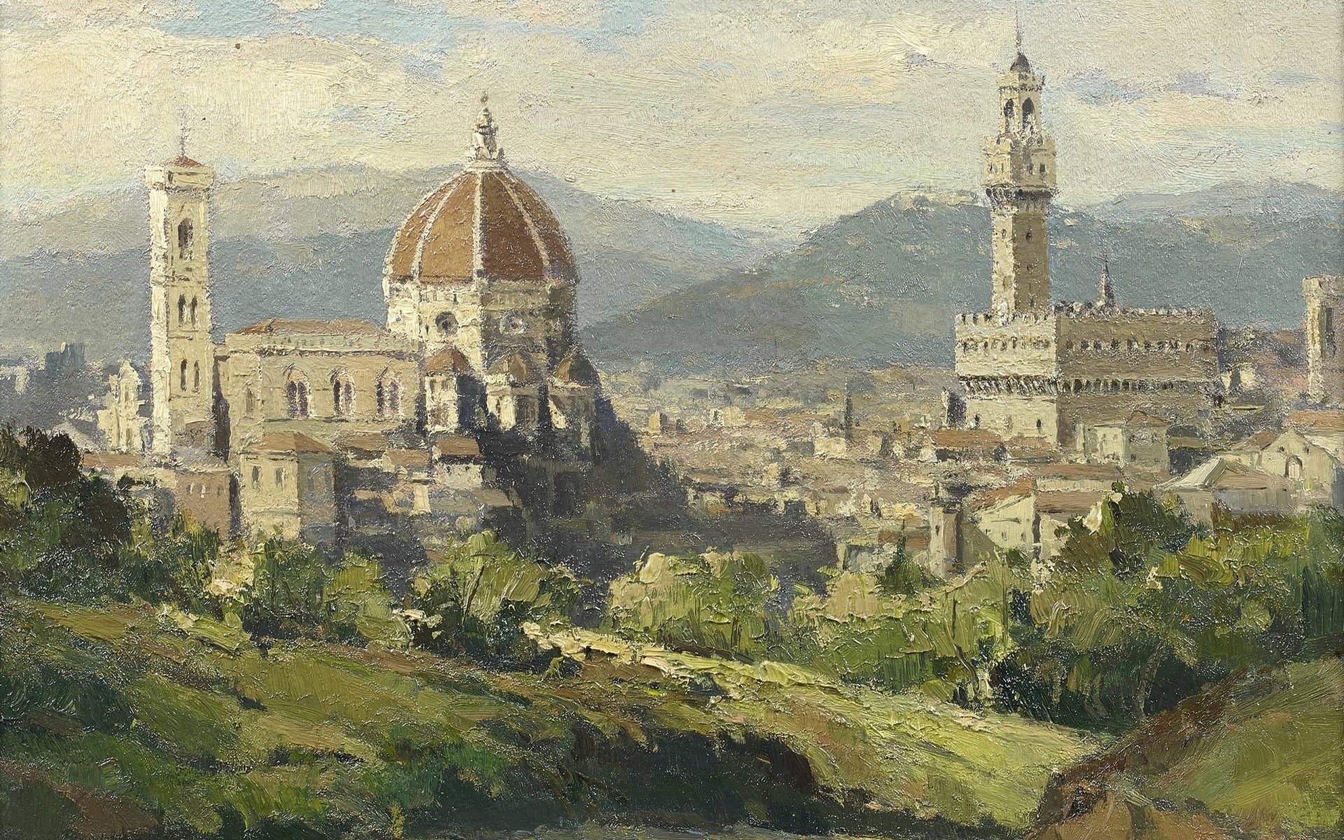 Painterly panorama of a historic city skyline with domes, towers and rolling hills